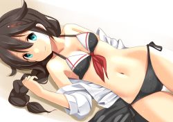 Rule 34 | 10s, 1girl, bikini, blue eyes, braid, breasts, brown hair, cleavage, cowboy shot, gradient background, hair flaps, hair ornament, kantai collection, looking at viewer, lying, navel, on back, on side, shigure (kancolle), shigure kai ni (kancolle), shimouki izui, side-tie bikini bottom, single braid, small breasts, smile, solo, swimsuit, thigh gap, wet, wet clothes, wet swimsuit