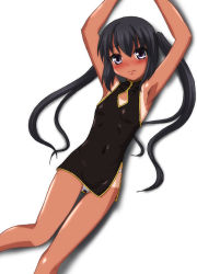 Rule 34 | 1girl, armpits, arms up, black eyes, black hair, china dress, chinese clothes, dress, flat chest, hayashiya zankurou, highres, k-on!, lingerie, nakano azusa, one-piece tan, panties, solo, tan, tanline, twintails, underwear