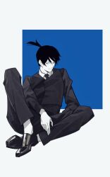 Rule 34 | 1boy, black footwear, black hair, black jacket, black necktie, black pants, black plume, black vest, chainsaw man, collared shirt, formal, greyscale with colored background, hayakawa aki, highres, jacket, looking at viewer, necktie, one eye closed, pants, shirt, shirt tucked in, short hair, simple background, sitting, solo, suit, suit jacket, topknot, vest, white background, white shirt