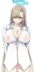 Rule 34 | 1girl, arms behind back, asuna (blue archive), asymmetrical wings, berserkert, blue archive, blush, bottomless, breasts, cleavage, collarbone, covered erect nipples, cowboy shot, hair over one eye, halo, hanako (blue archive), hanako (swimsuit) (blue archive), head tilt, highres, large breasts, light brown hair, long bangs, long hair, looking at viewer, mole, mole on breast, one eye covered, oversized clothes, oversized shirt, see-through, see-through shirt, shirt, simple background, smile, solo, straight hair, uncensored, very long hair, white background, wings