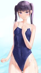 Rule 34 | 1girl, arisu (alice1019sm), black hair, blue one-piece swimsuit, blunt bangs, breasts, competition school swimsuit, covered navel, cowboy shot, gradient background, groin, hand on own chest, highres, one-piece swimsuit, original, purple eyes, school swimsuit, small breasts, smile, solo, swimsuit, thigh gap, wet, wet clothes, wet swimsuit, white background