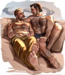 Rule 34 | 2boys, arm hair, bara, barefoot, beard, black hair, brown hair, brown pants, call of duty, call of duty: modern warfare 2, captain price, character name, chest hair, cigar, couple, facial hair, feet, hairy, highres, large pectorals, looking at another, male focus, mature male, multiple boys, muscular, muscular male, navel, nikolai (modern warfare), nipples, pants, pectorals, recending hairline, sasha shkret, short hair, sketch, smoking, yaoi