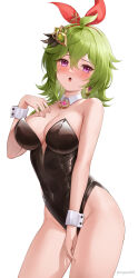 Rule 34 | 1girl, :o, ahoge, alternate costume, bare arms, bare shoulders, black leotard, blush, bow hairband, breasts, cleavage, collar, collei (genshin impact), commentary, contrapposto, covered navel, crossed bangs, detached collar, earrings, genshin impact, green hair, groin, hair between eyes, hair ornament, hairband, hand on own chest, highleg, highleg leotard, highres, ingurei397, jewelry, leotard, looking at viewer, medium breasts, medium hair, nontraditional playboy bunny, open mouth, pink gemstone, playboy bunny, purple eyes, red hairband, sidelocks, simple background, single earring, solo, strapless, strapless leotard, thighs, twitter username, white background, white collar, white wrist cuffs, wrist cuffs