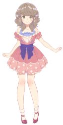 Rule 34 | 10s, 1girl, bare shoulders, blue bow, blush, bobby socks, body blush, booota, bow, breasts, brown hair, collarbone, dress, dress bow, flower, flower request, frilled dress, frills, full body, green eyes, hair flower, hair ornament, himote house, himote kinami, looking at viewer, mary janes, medium breasts, official art, pigeon-toed, pink dress, print dress, red footwear, shoes, short dress, short sleeves, smile, socks, solo, standing, transparent background, white flower, white frills, white socks