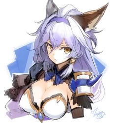 Rule 34 | 10s, 1girl, animal ears, blue hair, breasts, brown eyes, cleavage, erune, granblue fantasy, hairband, heles, large breasts, long hair, minoa (lastswallow), simple background, solo, white background