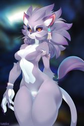 Rule 34 | 1girl, absurdres, alternate form, animal ears, armlet, bracelet, breasts, cat ears, cat girl, cat tail, claws, cleft of venus, earrings, furry, highres, isabella (seiken densetsu 3), jewelry, no nipples, purple fur, purple hair, pussy, red eyes, seiken densetsu, seiken densetsu 3, slit pupils, tail, tsampikos, whiskers