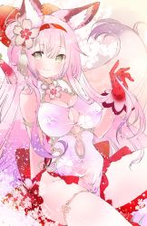 Rule 34 | 1girl, animal ears, azur lane, bare shoulders, breasts, china dress, chinese clothes, chinese new year, cleavage, dress, feather boa, gloves, grey eyes, hairband, hanazuki (azur lane), hanazuki (blossoming spring resplendent moon) (azur lane), highres, large breasts, long hair, looking at viewer, moo (umineko), official alternate costume, pelvic curtain, pink gloves, pink hair, pink hairband, sleeveless, sleeveless dress, solo, thighhighs, very long hair, white thighhighs