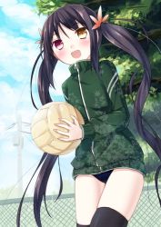 Rule 34 | 1girl, :d, bad id, bad pixiv id, ball, blush, buruma, chain-link fence, chm (macharge), cowboy shot, eyebrows, fence, flower, hair flower, hair ornament, heterochromia, holding, holding ball, jacket, long hair, open mouth, original, playing sports, power lines, smile, solo, thighhighs, track jacket, twintails, very long hair, volleyball, volleyball (object)