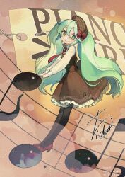 Rule 34 | 1girl, aqua eyes, aqua hair, beamed eighth notes, black pantyhose, bow, bowtie, brown background, brown dress, brown hat, cabbie hat, closed eyes, commentary, countdown, crypton future media, dress, eighth note, frilled dress, frills, full body, half note, hat, hatsune miku, hatsune miku happy 16th birthday -dear creators-, hidari (left side), high heels, leaning forward, long hair, long sleeves, musical note, musical note print, musical staff print, necktie, pantyhose, pinafore dress, plaid headwear, quarter note, red bow, red bowtie, red footwear, red necktie, rope, second-party source, shirt, sideways glance, signature, sleeveless, sleeveless dress, slippers, smile, solo, staff (music), standing, tag, twintails, very long hair, vocaloid, white shirt