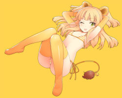 Rule 34 | 10s, 1girl, ;p, animal ears, armpits, arms behind head, arms up, bell, bikini, blonde hair, blush, boots, elbow gloves, eyelashes, flat chest, gloves, green eyes, idolmaster, idolmaster cinderella girls, jougasaki rika, kamoto tatsuya, lion ears, lion tail, long hair, looking at viewer, navel, one eye closed, side-tie bikini bottom, simple background, solo, striped bikini, striped clothes, swimsuit, tail, tail bell, tail ornament, thigh boots, thighhighs, tongue, tongue out, two side up, wink, yellow background, yellow thighhighs
