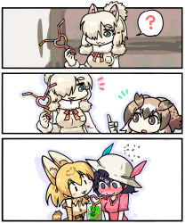 Rule 34 | 10s, 3koma, 4girls, :3, ?, @ @, alpaca ears, alpaca suri (kemono friends), animal ears, black hair, blonde hair, blush, blush stickers, bow, bowtie, brown hair, bucket hat, chibi, comic, cup, drinking, drinking glass, drinking straw, elbow gloves, embarrassed, eurasian eagle owl (kemono friends), eyebrows, flying sweatdrops, full-face blush, fur collar, gloves, hair between eyes, hair over one eye, hand up, hat, hat feather, heart, holding, index finger raised, kaban (kemono friends), kemono friends, long sleeves, looking at another, multicolored hair, multiple girls, open mouth, platinum blonde hair, red shirt, seki (red shine), serval (kemono friends), serval print, serval tail, shirt, short hair, silent comic, sleeveless, sleeveless shirt, smile, spoken question mark, striped tail, sweat, nervous sweating, t-shirt, tail, upper body, white hair, yuri, | |