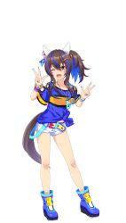 Rule 34 | 1girl, ;d, animal ears, bead bracelet, beads, blue hair, blue shirt, boots, bracelet, breasts, brown hair, collarbone, colored inner hair, contrapposto, daitaku helios (umamusume), double w, ear covers, ear piercing, facial tattoo, fang, fingernails, full body, game model, hair between eyes, hair ornament, hairclip, highres, horse ears, horse girl, horse tail, jewelry, looking at viewer, medium breasts, medium hair, multicolored hair, necklace, one eye closed, open mouth, piercing, shirt, shoes, shorts, smile, solo, standing, streaked hair, striped clothes, striped shirt, tachi-e, tail, tattoo, transparent background, umamusume, w, white background, white shorts, yellow eyes