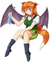 Rule 34 | 1girl, animal ears, bat wings, boots, bottle, breasts, fang, female focus, fox ears, fox tail, full body, long hair, orange hair, original, simple background, solo, tail, tin tin banchou, white background, wings