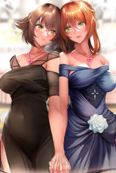 Rule 34 | 2girls, black dress, blue dress, blush, breasts, brown hair, cleavage, collarbone, commission, couple, covered navel, crossover, dress, girls&#039; frontline, green eyes, heart lock (kantai collection), highres, holding hands, interlocked fingers, jewelry, kantai collection, large breasts, long hair, looking at another, multiple girls, mutsu (kancolle), necklace, nohito, official alternate costume, orange hair, short hair, sidelocks, skeb commission, springfield (girls&#039; frontline), springfield (queen in radiance) (girls&#039; frontline), yuri
