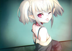 Rule 34 | 1girl, :p, ahoge, bare shoulders, blurry, collar, grey hair, highres, indoors, jacket, jewelry, looking at viewer, looking back, makaino ririmu, medium hair, necklace, nijisanji, off-shoulder jacket, off shoulder, one eye closed, pointy ears, red collar, red eyes, sabamen, sleeves past fingers, sleeves past wrists, solo, strap slip, tongue, tongue out, twintails, virtual youtuber