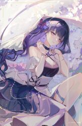 Rule 34 | 1girl, absurdres, black choker, bow, bracelet, braid, chinese commentary, choker, commentary request, detached sleeves, dress, earrings, genshin impact, hair bow, highres, jewelry, long hair, looking at viewer, low-braided long hair, low-tied long hair, parted lips, purple dress, purple eyes, purple hair, raiden shogun, sitting, solo, very long hair, white sleeves, yutou (yutou75)