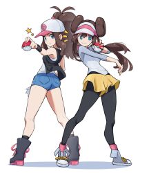 Rule 34 | 2girls, absurdres, black pantyhose, black vest, blue eyes, blue shorts, breasts, brown hair, commentary, creatures (company), double bun, english commentary, full body, game freak, grimmelsdathird, hair bun, hat, highres, hilda (pokemon), holding, holding poke ball, long hair, looking at viewer, medium breasts, multiple girls, nintendo, open clothes, open vest, pantyhose, poke ball, poke ball (basic), pokemon, pokemon bw, pokemon bw2, ponytail, rosa (pokemon), shirt, short shorts, shorts, simple background, sleeveless, sleeveless shirt, small breasts, smile, star (symbol), twintails, vest, visor cap, white background, white headwear, white shirt, yellow shorts