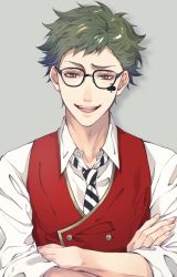 Rule 34 | 1boy, aym4800, brown eyes, crossed arms, facial mark, glasses, green hair, grey background, highres, male focus, necktie, night raven college uniform, open mouth, red vest, school uniform, shirt, short hair, smile, solo, teeth, trey clover, twisted wonderland, upper body, upper teeth only, vest, white shirt