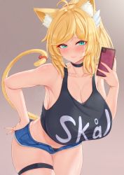 Rule 34 | 1girl, ahoge, blonde hair, body freckles, borrowed character, breasts, cat girl, cellphone, choker, cleavage, closed mouth, collarbone, commission, cream cod, freckles, green eyes, highres, huge breasts, micro shorts, original, phone, selfie, shirt, shorts, sleeveless, sleeveless shirt, smartphone, smile, solo, swedish text, thigh strap