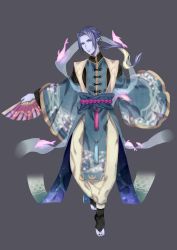 Rule 34 | 1boy, absurdres, bad id, bad pixiv id, black nails, blue hair, blue skin, character request, colored skin, hand fan, fish, folding fan, full body, grey background, highres, long hair, looking at viewer, male focus, nail polish, onmyoji, piponishangel, pointy ears, ponytail, red eyes, solo, wide sleeves