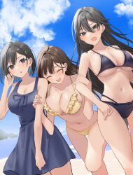 Rule 34 | 3girls, bare arms, beach, bikini, black bikini, black hair, blue dress, blue sky, breasts, brown eyes, brown hair, cleavage, closed eyes, cloud, collarbone, day, dress, frilled bikini, frills, hair ornament, hairclip, hamu (plot sy), highres, large breasts, long hair, multiple girls, navel, ocean, open mouth, original, outdoors, short hair, sky, smile, standing, standing on one leg, swimsuit, underboob, yellow bikini