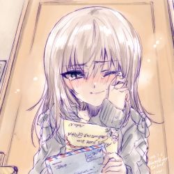 Rule 34 | 10s, 1girl, airmail envelope, artist name, black shirt, blue eyes, blush, character name, closed mouth, commentary request, crying, dated, english text, envelope, german text, girls und panzer, happy, happy birthday, highres, holding, holding envelope, itsumi erika, kuroi mimei, long hair, long sleeves, looking at viewer, one eye closed, paper, portrait, shirt, signature, silver hair, sketch, smile, solo, tears, translated, wiping tears