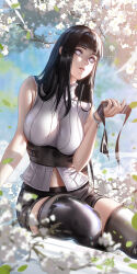 1girl black_footwear black_hair black_shorts black_thighhighs blunt_bangs boots bracelet breasts commentary flower forehead_protector highres holding hyuuga_hinata jewelry large_breasts liang_xing long_hair looking_at_viewer naruto_(series) naruto_shippuuden no_pupils parted_lips patreon_username purple_eyes shirt short_shorts shorts sitting sleeveless sleeveless_shirt solo thigh_boots thighhighs thighhighs_under_boots white_flower white_shirt yokozuwari