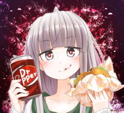 Rule 34 | 1girl, :d, ahoge, blunt bangs, blush, burger, can, collarbone, dr pepper, eating, fingernails, food, food on face, grey eyes, highres, holding, holding can, holding food, open mouth, original, portrait, red-eye effect, ringoanu, silver hair, smile