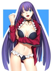 Rule 34 | 1girl, ;d, bikini, black bikini, blue eyes, breasts, chietori, choker, cleavage, collarbone, cowboy shot, earrings, fate/grand order, fate (series), floating hair, frilled bikini, frills, groin, jacket, jewelry, large breasts, long hair, long sleeves, martha (fate), martha (swimsuit ruler) (fate), martha (swimsuit ruler) (second ascension) (fate), navel, one eye closed, open clothes, open jacket, open mouth, purple hair, red jacket, smile, solo, standing, swimsuit, very long hair
