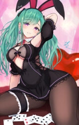 Rule 34 | 1girl, animal ears, arm behind head, arm support, armpits, bare shoulders, black dress, bow, bow bra, bra, breasts, brown pantyhose, card, center opening, character name, chest belt, clenched teeth, covered navel, cross-laced clothes, cross-laced dress, cross-laced slit, detached sleeves, dress, earrings, fake animal ears, green hair, grey bra, heart, heart-shaped pillow, heart earrings, highres, jewelry, lace, lace-trimmed dress, lace trim, large breasts, long hair, looking at viewer, miramira1908, necktie, panties, panties under pantyhose, pantyhose, pillow, playing card, pleated dress, puffy short sleeves, puffy sleeves, purple eyes, rabbit ears, red necktie, short necktie, short sleeves, sitting, solo, swept bangs, teeth, thighs, twintails, underwear, virtual youtuber, vspo!, wariza, wing collar, yakumo beni, yakumo beni (2nd costume)
