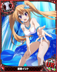Rule 34 | 1girl, ahoge, blue dress, bra, bracelet, breasts, brown hair, card (medium), chess piece, cleavage, dress, hair between eyes, hair ornament, high school dxd, jewelry, large breasts, long hair, looking at viewer, necklace, official art, open mouth, panties, purple eyes, rook (chess), shidou irina, snowflake hair ornament, solo, twintails, underwear, white bra, white panties