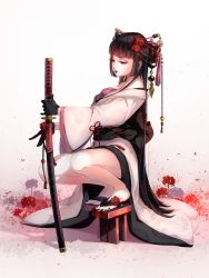Rule 34 | 1girl, artist name, bare shoulders, black gloves, black lips, black nails, blunt bangs, braid, breasts, brown hair, closed mouth, commentary, commission, english commentary, flower, from side, full body, geisha, geta, gloves, hair flower, hair ornament, hair stick, highres, hime cut, holding, holding sword, holding weapon, japanese clothes, kimono, large breasts, lips, lipstick, long hair, long sleeves, makeup, marmaladica, nail polish, obi, off shoulder, original, platform clogs, red flower, sash, scabbard, sheath, sheathed, sidelocks, solo, spider lily, squatting, sword, toenail polish, toenails, very long hair, weapon, white kimono, wide sleeves