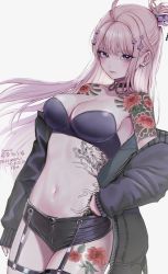 Rule 34 | 10 plus, 1girl, ahoge, arm tattoo, black bra, black coat, black shorts, blush, bra, breasts, cleavage, coat, collar, collarbone, commission, cowboy shot, dragon tattoo, earrings, flower, flower tattoo, garter straps, hair flower, hair ornament, hand on own hip, highres, jewelry, leg tattoo, long hair, long sleeves, looking at viewer, medium breasts, micro shorts, open clothes, open coat, original, pink hair, purple eyes, shorts, shoulder tattoo, sidelocks, simple background, skeb commission, solo, strapless, strapless bra, tattoo, thigh strap, topknot, underwear, virtual youtuber, white background