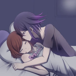 Rule 34 | 1boy, 1girl, androgynous, bed sheet, bedroom, black shirt, brown eyes, brown hair, closed eyes, couple, danganronpa (series), danganronpa v3: killing harmony, gradient hair, grey shirt, highres, holding hands, indoors, lying, multicolored hair, on back, oma kokichi, piatin, pillow, purple hair, shirt, short hair, short sleeves, sleeveless, sleeveless shirt, smile, swept bangs, yumeno himiko