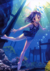 Rule 34 | 1girl, :t, absurdres, barefoot, brown eyes, bubble, casual one-piece swimsuit, feet, freediving, highres, holding breath, light rays, one-piece swimsuit, original, puffy cheeks, purple eyes, purple hair, scan, solo, sunbeam, sunlight, swimming, swimsuit, swimsuit under clothes, takoyaki (roast), underwater
