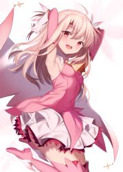 Rule 34 | 1girl, armpits, arms behind head, arms up, bare shoulders, blush, boots, breasts, dress, fate/kaleid liner prisma illya, fate (series), feather hair ornament, feathers, gloves, hair between eyes, hair ornament, highres, illyasviel von einzbern, long hair, looking at viewer, magical girl, maosame, pink dress, pink footwear, pink gloves, prisma illya, red eyes, simple background, skirt, small breasts, smile, solo, thigh boots, thighhighs, thighs, two side up, white background, white gloves, white hair, white skirt, yellow neckwear