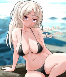 Rule 34 | 1girl, bikini, black bikini, breasts, brown eyes, cleavage, conte di cavour (kancolle), dated, feet out of frame, furaggu (frag 0416), highres, kantai collection, large breasts, long hair, one-hour drawing challenge, sitting, solo, swimsuit, twitter username, two side up, white hair