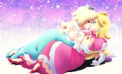 Rule 34 | 2girls, adapted costume, bare shoulders, blonde hair, blue dress, blue eyes, blue footwear, breasts, cleavage cutout, clothing cutout, crown, dress, elbow gloves, eyes visible through hair, full body, gloves, high heels, highres, kiss, large breasts, ledy, lips, long hair, looking at another, mario (series), multiple girls, nintendo, pink background, pink dress, pink footwear, princess peach, puffy short sleeves, puffy sleeves, purple background, rosalina, short sleeves, star (symbol), starry background, two-tone background, wand, white gloves, yuri