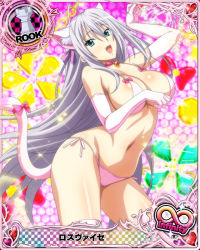 Rule 34 | 10s, 1girl, animal ears, antenna hair, bell, neck bell, bikini, blue eyes, bow, bowtie, breasts, card (medium), cat ears, cat tail, character name, chess piece, choker, cleavage, elbow gloves, covered erect nipples, fake animal ears, fake tail, gloves, hair ribbon, happy, high school dxd, high school dxd infinity, jingle bell, large breasts, long hair, navel, official art, open mouth, paw pose, ribbon, rook (chess), rossweisse, silver hair, smile, solo, swimsuit, tail, thighhighs, trading card, very long hair