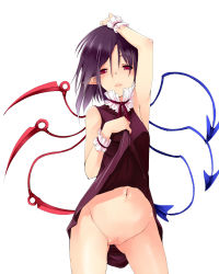 Rule 34 | 1girl, arm up, armpits, asymmetrical wings, black hair, censored, clothes lift, dress, dress lift, food, highres, houjuu nue, kurokuro, open mouth, pussy, red eyes, short hair, solo, sushi, touhou, uncensored, wings, wrist cuffs