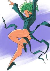 Rule 34 | 1girl, alternate muscle size, arms up, ass, bare legs, black dress, breasts, curly hair, dress, flipped hair, floating clothes, full body, green eyes, green hair, high heels, looking at viewer, midair, muscular, muscular female, muscular legs, one-punch man, pokkuti, side slit, simple background, small breasts, solo, tatsumaki, wind