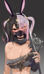 Rule 34 | 1girl, animal ears, armor, bare shoulders, black hair, blush, breasts, choker, cleavage, earrings, elden ring, fake animal ears, hair over one eye, highres, holding, holding sword, holding weapon, indie virtual youtuber, jewelry, long hair, looking at viewer, mask, mole, mole under eye, mouth mask, multicolored hair, pauldrons, pink hair, rabbit ears, red eyes, satou daiji, shoulder armor, solo, sword, symbol-shaped pupils, towa (towa akqj10), twintails, two-tone hair, virtual youtuber, weapon