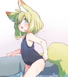 Rule 34 | 1girl, adjusting clothes, adjusting swimsuit, animal ear fluff, animal ears, blue eyes, blue one-piece swimsuit, done (donezumi), fox ears, fox girl, fox tail, from side, green hair, highres, one-piece swimsuit, open mouth, original, pool, poolside, school swimsuit, short hair, solo, swimsuit, tail, thighs, wading, water, wet