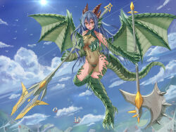 Rule 34 | 1girl, axe, blue hair, breasts, cleavage, dragon (monster girl encyclopedia), dragon girl, flying, large breasts, monster girl, monster girl encyclopedia, polearm, scales, see-through, solo, spear, tears of dragon, weapon, wings