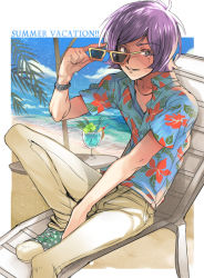 Rule 34 | beach, drink, garma zabi, gundam, hawaiian shirt, male focus, mobile suit gundam, purple hair, shirt, sunglasses, sunglasses removed, tsunnosuke
