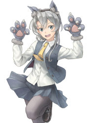 Rule 34 | 1girl, adapted costume, alternate sleeve length, animal ears, animal hands, asymmetrical hair, black skirt, black vest, commentary request, cowboy shot, flipped hair, gloves, grey eyes, grey hair, highres, kantai collection, long sleeves, necktie, nowaki (kancolle), official alternate costume, paw gloves, pleated skirt, school uniform, simple background, skirt, solo, standing, standing on one leg, swept bangs, tail, taruya, vest, white background, wolf ears, wolf tail, yellow necktie