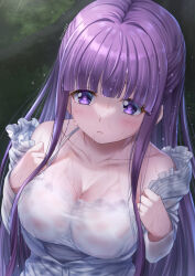 Rule 34 | 1girl, breasts, cleavage, collarbone, commentary, cut bangs, dress, english commentary, fern (sousou no frieren), highres, large breasts, long dress, long hair, long sleeves, mixed-language commentary, off shoulder, parted lips, purple eyes, purple hair, see-through, see-through dress, sidelocks, solo, sousou no frieren, straight hair, toshi (1-147), upper body, wet, wet clothes, wet dress, white dress