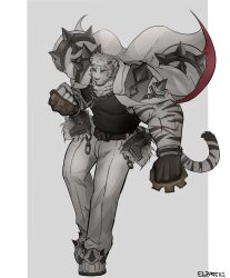 Rule 34 | 1boy, absurdres, arknights, bara, brass knuckles, chain, elzatch1, furry, furry male, highres, jewelry, looking at viewer, mountain (arknights), multiple scars, scar, scar across eye, scar on arm, scar on face, simple background, solo, striped, tail, tiger boy, tiger tail, weapon, white fur