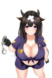 Rule 34 | 1girl, alternate costume, azur lane, badge, bandaid, bandaid on face, bandaid on forehead, black gloves, black hair, breasts, cleavage, crossed bandaids, cuffs, gloves, handcuffs, highres, holding, holding handcuffs, kashino (azur lane), large breasts, leaning forward, long hair, looking at viewer, police, police uniform, policewoman, purple eyes, purple shorts, short shorts, shorts, simple background, solo, uniform, vik (xypt7474), white background