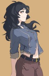 Rule 34 | 1girl, ahoge, arched back, belt, black belt, black hair, blue shirt, breasts, brown background, brown eyes, brown pants, buttons, from side, long hair, long sleeves, medium breasts, original, pants, partially unbuttoned, popopoka, shirt, simple background, smile, solo